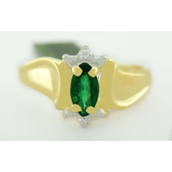 Genuine 0.35 Cts Emerald & Diamonds Ring 14K Gold